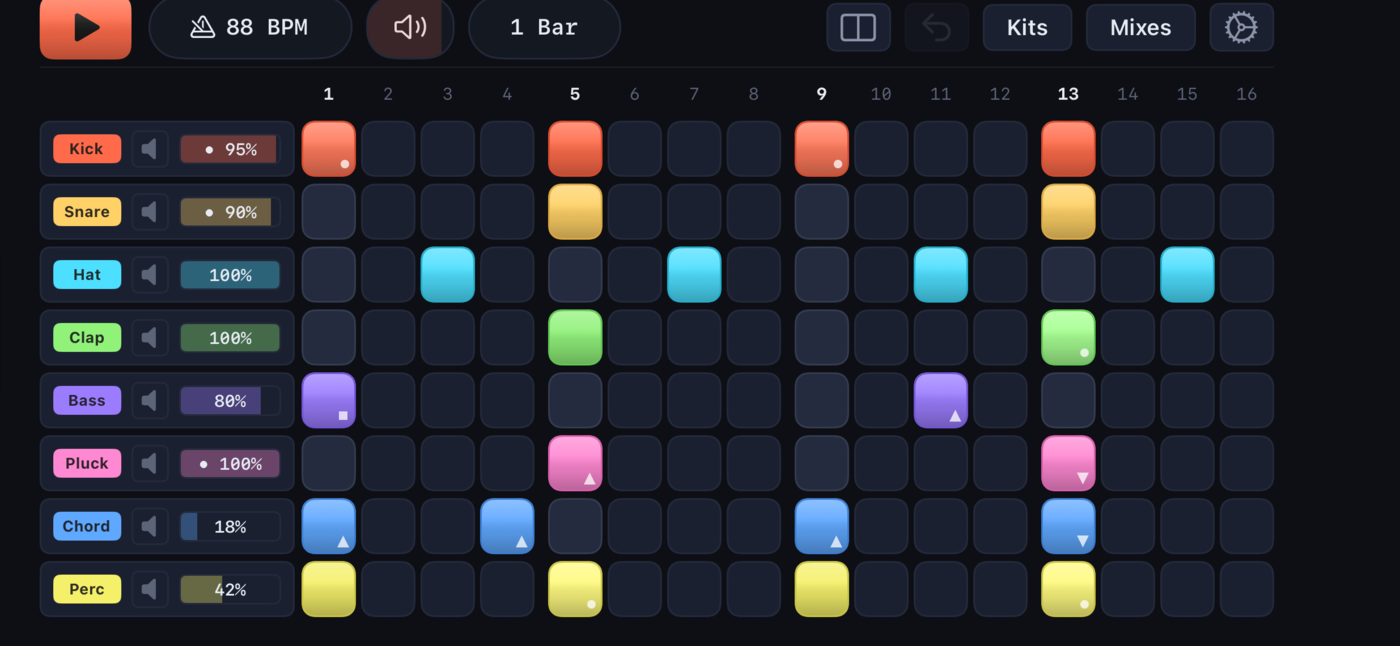 GlassBeats 8-track step sequencer in 2-bar mode