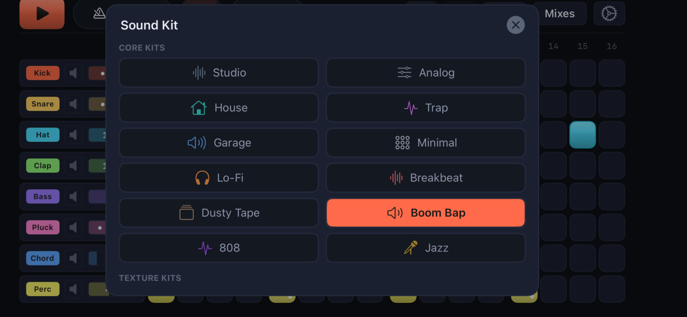 GlassBeats sound kit picker — 22 synthesized sound kits