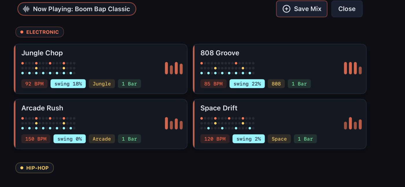 GlassBeats mixes browser — built-in presets and saved mixes